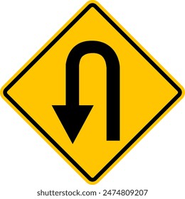 Turn left. Sign U turn. Warning yellow road sign. There is a turnaround area ahead. Diamond road sign. Rhombus road sign.