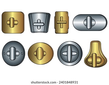 Turn lock clasp closure and twist lock clasp buckles flat sketch vector illustration, set of twist lock clasp for  bag, purse and handbag lock, closures buckles cad drawing template 