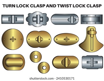 Turn lock clasp closure and twist lock clasp buckles flat sketch vector illustration, set of twist lock clasp for  bag, purse and handbag lock, closures buckles cad drawing template 