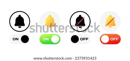 Turn notifications on or off. Different styles, colors, enable notifications, disable notifications, bell icons. Vector icons