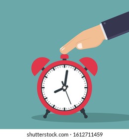 Turn off alarm clock vector illustration flat, business hand turn off alarm clock flat design vector illustration