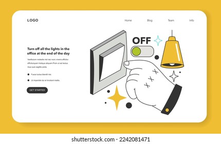 Turn off all the lights in the office at the end of the day for energy efficiency at work web banner or landing page. How to low utility cost, electricity consumption reduction. Vector illustration