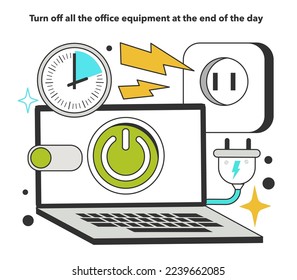 Turn off all the office equipment at the end of the day for energy efficiency at work. How to low office utility cost, electricity consumption reduction. Inflation effect. Flat vector illustration