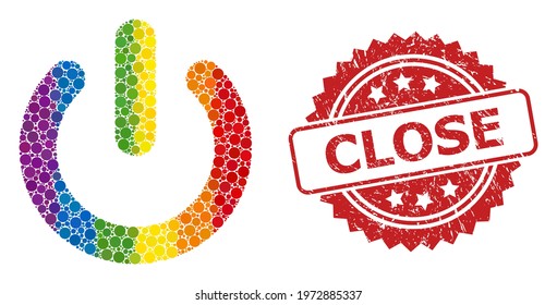 Turn off collage icon of filled circle blots in variable sizes and spectrum colored color hues, and Close dirty rosette stamp. A dotted LGBT-colored Turn off for lesbians, gays, transgenders,