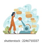 To turn off concept. Character presses the switch button or pull a lever. A switcher turns off and unplugged. The end of work or energy conservation idea. Flat vector illustration
