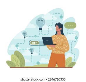 Apagar el concepto. El carácter presiona el botón del interruptor o tira de una palanca. Un mezclador se apaga y se desenchufa. El fin del trabajo o la idea de la conservación de la energía. Ilustración vectorial plana