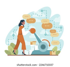 To turn off concept. Character presses the switch button or pull a lever. A switcher turns off and unplugged. The end of work or energy conservation idea. Flat vector illustration