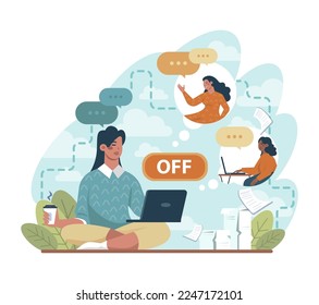 Apagar el concepto. El carácter presiona el botón del interruptor o tira de una palanca. Un mezclador se apaga y se desenchufa. El fin del trabajo o la idea de la conservación de la energía. Ilustración vectorial plana