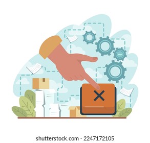 To turn off concept. Character presses the switch button or pull a lever. A switcher turns off and unplugged. The end of work or energy conservation idea. Flat vector illustration