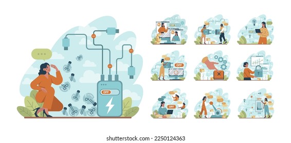 To turn off concept set. Character presses the switch button or pull a lever. A switcher turns off and unplugged. The end of work or energy conservation idea. Flat vector illustration