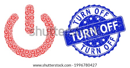 Turn Off corroded round seal imitation and vector fractal collage turn off. Blue seal includes Turn Off text inside round shape. Vector collage is constructed of repeating turn off icons.