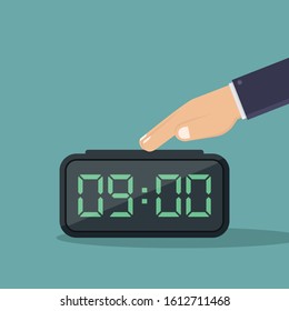 Turn off digital alarm clock vector illustration flat, business hand turn off digital alarm clock flat design vector illustration