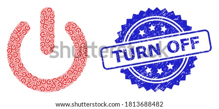 Turn Off dirty stamp and vector recursive mosaic turn off. Blue stamp has Turn Off caption inside rosette. Vector mosaic is created from recursive rotated turn off pictograms.