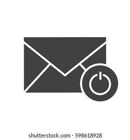 Turn off email notifications glyph icon. Silhouette symbol. Letter with turn off button. Negative space. Vector isolated illustration