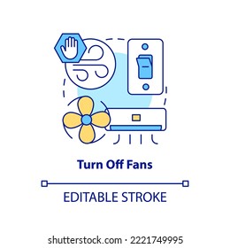 Turn off fans concept icon. Avoid fresh air. Action at home during nuclear accident abstract idea thin line illustration. Isolated outline drawing. Editable stroke. Arial, Myriad Pro-Bold fonts used