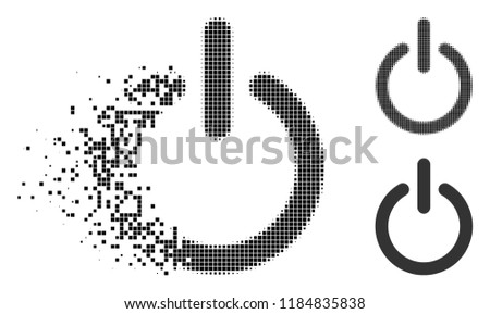 Turn off icon in dissolved, dotted halftone and entire versions. Particles are organized into vector disappearing turn off shape. Disintegration effect involves rectangle scintillas.