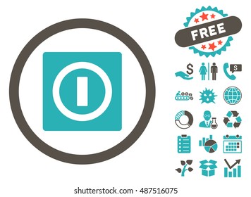 Turn Off icon with free bonus symbols. Vector illustration style is flat iconic bicolor symbols, grey and cyan colors, white background.