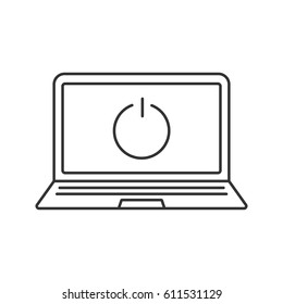 Turn Off Laptop Linear Icon. Thin Line Illustration. Smart Phone With Shut Down Button Contour Symbol. Vector Isolated Outline Drawing