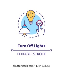 Turn off light concept icon. Hand pressing lamp switch. Preserving energy usage. Resource saving idea thin line illustration. Vector isolated outline RGB color drawing. Editable stroke