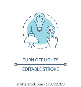 Apague el icono del concepto turquesa claro. Interruptor de la lámpara de presión a mano. Preservando el uso de energía. Ilustración de línea delgada de idea de ahorro de recursos. Dibujo de color RGB con contorno aislado del vector. Trazo editable
