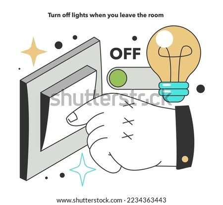 Turn off lights when you leave the room for energy efficiency at home. Electricity consumption expenses. Inflation or economic recession effect. Flat vector illustration