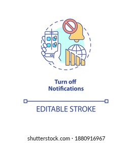 Turn off notifications concept icon. Smartphone dependence reducing idea thin line illustration. Social media accounts alert. Vector isolated outline RGB color drawing. Editable stroke