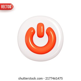 Turn off and on button. Round red power button. Realistic 3d design element In plastic cartoon style. Icon isolated on white background. Vector illustration