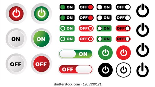 Turn off and on button set. Vector gadgets. On, off toggle switch bar tag. Mobile, web position slider switches. Swearing icon or pictogram. Progress bar. Power button or label. Toggle icons