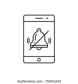 Turn off phone ringer line icon. No bell on smartphone monitor. Soundless mode. Vector outline illustration.