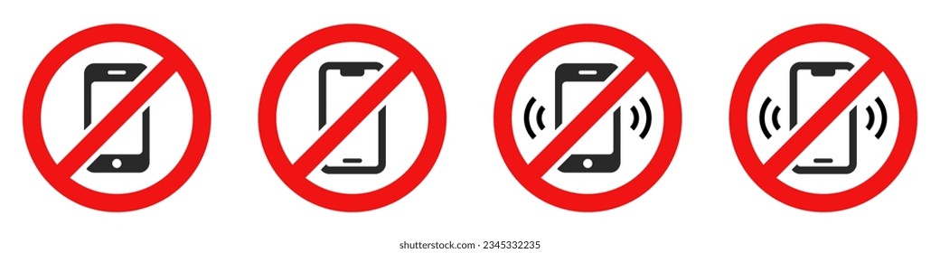 Turn off the phone vector icon set. No call, no smartphone, no mobile phone red crossed out circle sign.