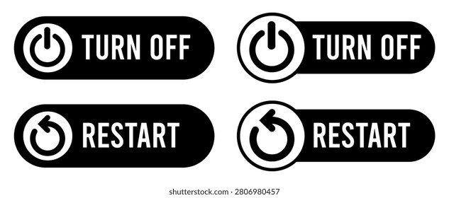 Turn Off and Restart Button Icon Set, Minimalist Black and White Vector UI Elements for Power and Reset Controls