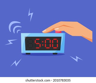 Turn off ringing alarm clock, pressing button on electronic clock, early morning concept, waking up early, flat vector illustration