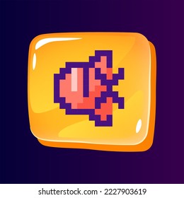 Turn off signals glossy ui button with pixelated color icon. Audio technology control. Editable 8bit graphic element on shiny glass rectangle shape. Isolated image for arcade, video game design