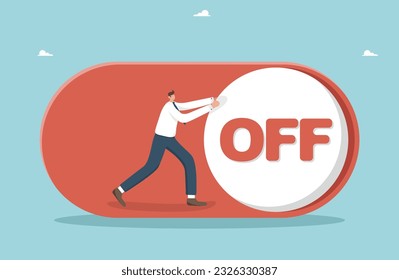 Turn off the switch, successful completion of work or school tasks, business completion, problem solving, meet project deadlines, end of work day, smart businessman press the off switch button.