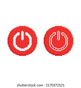 Turn off vector icon on red button. Pixel art. 8 bit logo. eps10