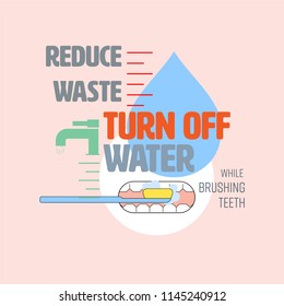 Turn off water typographic design with tap and water level icon as gimmicks. Reduce waste water concept. Vector illustration.