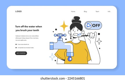 Turn off the water when you brush your teeth for water efficiency at home web banner or landing page. Save money on your water bill and make your house more eco-friendly. Flat vector illustration