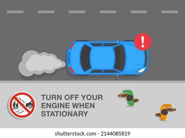 Turn off your engine when stationary. "No exhaust gases" traffic sign. Top view of a pedestrians and car with smoke from the exhaust on road. Flat vector illustration template. - Shutterstock ID 2144085819