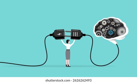 ativar o cérebro da tecnologia de IA, trabalhar com IA, Inteligência aumentada, inteligência humana aprimorada, conceito de suporte humano de IA, aplicador de conexão da empresária com ideia de cérebro de IA ao conceito de soquete de energia