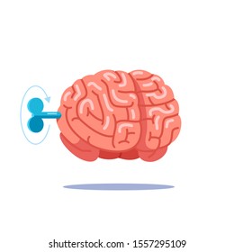 Turn on the brain with a key, work like a clock mechanism, cranking, in the head is the key. Modern flat style, vector illustration.