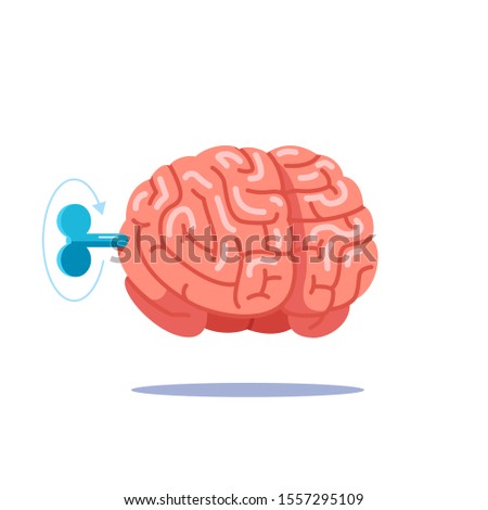 Turn on the brain with a key, work like a clock mechanism, cranking, in the head is the key. Modern flat style, vector illustration.
