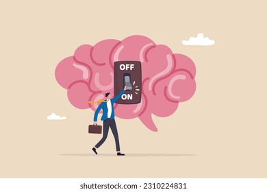 Turn on brain to think, creativity, thought or concentration, smart thinking or emotional intelligence, mindset, wisdom and knowledge concept, smart businessman genius turn on switch on his own brain.