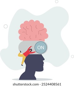 Encienda el cerebro para pensar, la creatividad, el pensamiento o la concentración, el pensamiento inteligente o la inteligencia emocional, la mentalidad, el diseño plano con las personas.