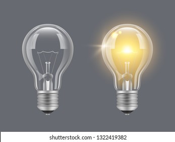Turn On Bulb. Light Realistic Transparent Bulb Bright Lamp Vector Pictures