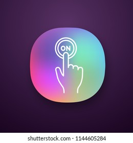 Turn on button click app icon. Power. Hand pressing button. UI/UX user interface. Web or mobile applications. Vector isolated illustration