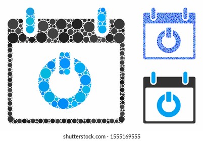 Turn on calendar day composition of filled circles in variable sizes and shades, based on turn on calendar day icon. Vector filled circles are organized into blue illustration.