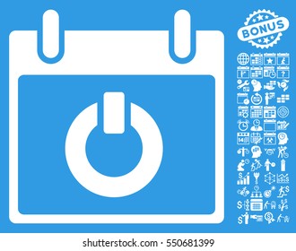 Turn on Calendar Day pictograph with bonus calendar and time management pictures. Vector illustration style is flat iconic symbols, white, blue background.