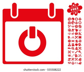 Turn on Calendar Day pictograph with bonus configuration symbols. Vector illustration style is flat iconic symbols, red, white background.