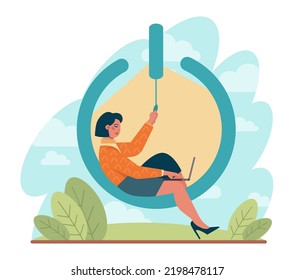 To turn on concept. Character presses the switch button or pull a lever. A switcher turns on starting a work. New beggining idea. Flat vector illustration