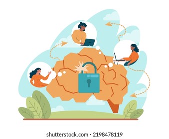 Encender el concepto. El carácter presiona el botón del interruptor o tira de una palanca. Un mezclador activa el inicio de un trabajo. Nueva idea inicial. Ilustración vectorial plana